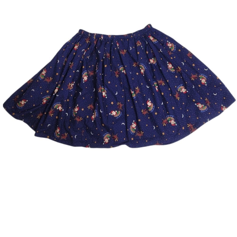 HANDMADE blue Christmas holiday Santa and reindeer circle mini skirt S